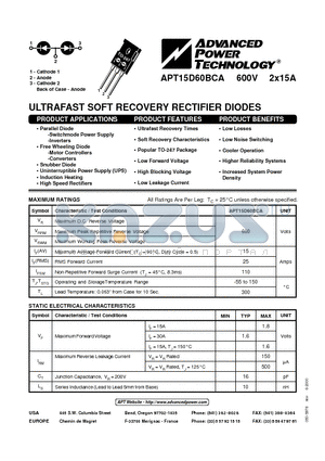 APT15D60BCA datasheet - ULTRAFAST SOFT RECOVERY RECTIFIER DIODES