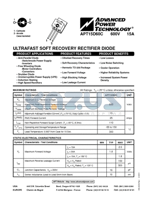 APT15D60C datasheet - ULTRAFAST SOFT RECOVERY RECTIFIER DIODE