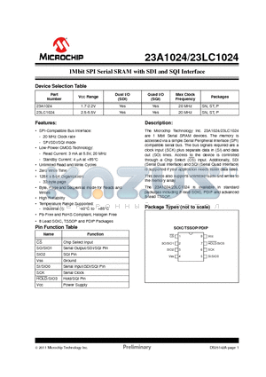 23A1024 datasheet - 1Mbit SPI Serial SRAM with SDI and SQI Interface