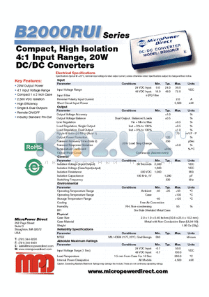 B2007RUI datasheet - Compact, High Isolation 4:1 Input Range, 20W DC/DC Converters