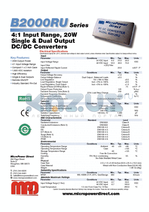 B2012RU datasheet - 4:1 Input Range, 20W Single & Dual Output DC/DC Con vert ers