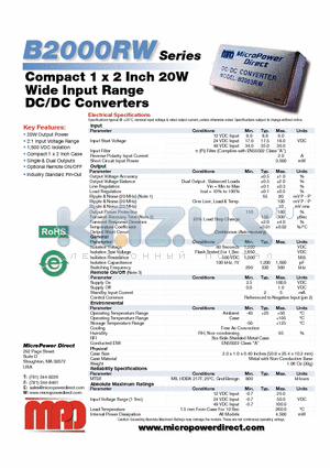B2016RW datasheet - Compact 1 x 2 Inch 20W Wide Input Range DC/DC Con vert ers