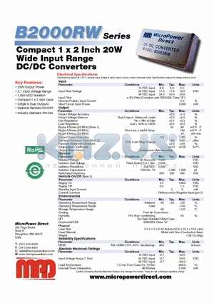 B2025RW datasheet - Compact 1 x 2 Inch 20W Wide Input Range DC/DC Con vert ers