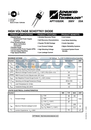 APT15S20K datasheet - HIGH VOLTAGE SCHOTTKY DIODE