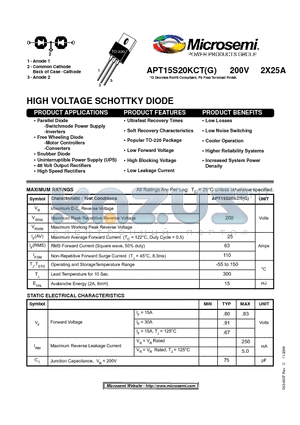 APT15S20KCT datasheet - HIGH VOLTAGE SCHOTTKY DIODE