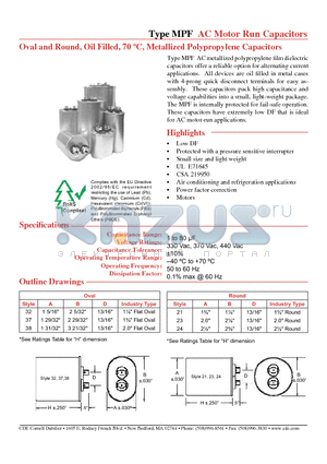 23FD3304-F datasheet - AC Motor Run Capacitors Oval and Round, Oil Filled, 70 C, Metallized Polypropylene Capacitors