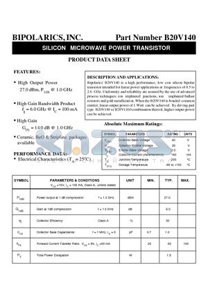 B20V140 datasheet - SILICON MICROWAVE POWER TRANSISTOR
