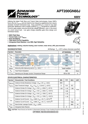 APT200GN60J datasheet - Intergrated Gate Resistor: Low EMI, High Reliability