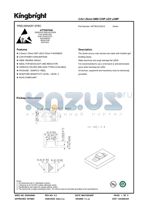 APT2012VGC-Z datasheet - 2.0x1.25mm SMD CHIP LED LAMP