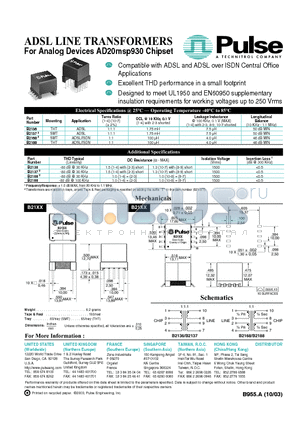 B2188 datasheet - ADSL LINE TRANSFORMERS For Analog Devices AD20msp930 Chipset