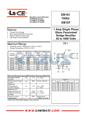 DB101 datasheet - 1 Amp single phase glass passivated bridge rectifier 50to1000 volts
