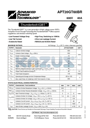 APT20GT60BR datasheet - The Thunderbolt IGBT is a new generation of high voltage power IGBTs.