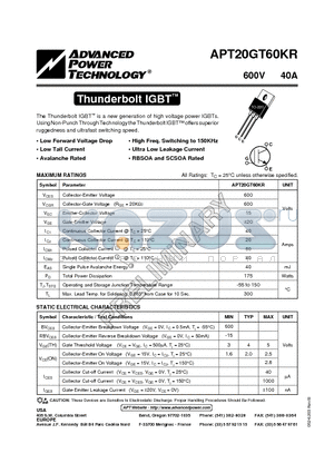 APT20GT60KR datasheet - The Thunderbolt IGBT is a new generation of high voltage power IGBTs.