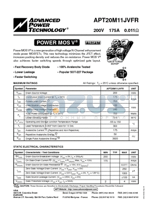 APT20M11JVFR datasheet - Power MOS V is a new generation of high voltage N-Channel enhancement mode power MOSFETs.