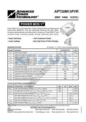 APT20M13PVR datasheet - Power MOS V is a new generation of high voltage N-Channel enhancement mode power MOSFETs.