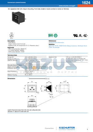 1624 datasheet - IEC Appliance Inlet C20, Snap-in Mounting, Front Side, Solder or Quick-connect or Screw-on Terminal