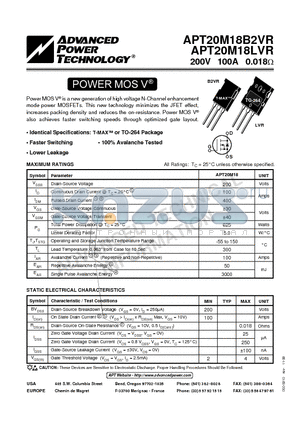 APT20M18B2VR datasheet - Power MOS V is a new generation of high voltage N-Channel enhancement mode power MOSFETs.