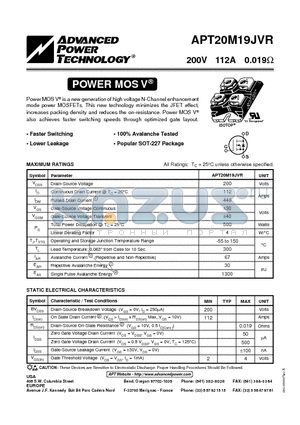 APT20M19JVR datasheet - Power MOS V is a new generation of high voltage N-Channel enhancement mode power MOSFETs.