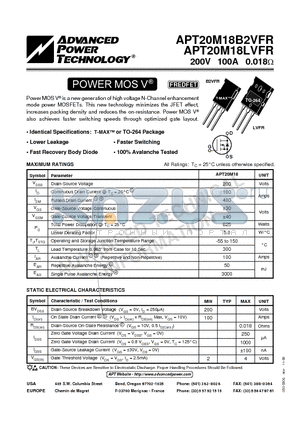 APT20M18LVFR datasheet - Power MOS V is a new generation of high voltage N-Channel enhancement mode power MOSFETs.