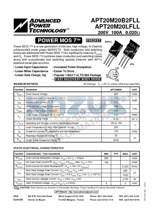 APT20M20B2FLL datasheet - Power MOS 7TM is a new generation of low loss, high voltage, N-Channel enhancement mode power MOSFETS.