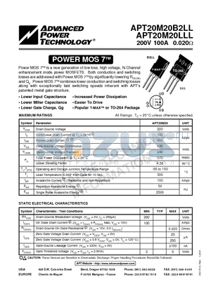 APT20M20B2LL datasheet - Power MOS 7TM is a new generation of low loss, high voltage, N-Channel enhancement mode power MOSFETS.