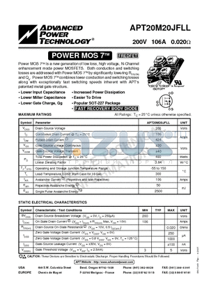 APT20M20JFLL datasheet - Power MOS 7TM is a new generation of low loss, high voltage, N-Channel enhancement mode power MOSFETS.