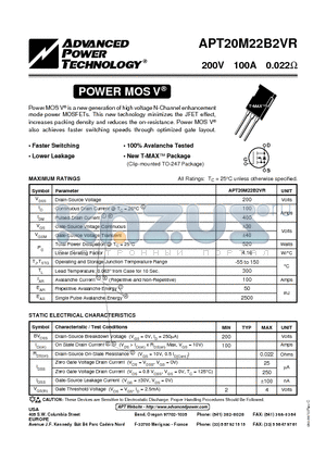 APT20M22B2VR datasheet - Power MOS V is a new generation of high voltage N-Channel enhancement mode power MOSFETs.