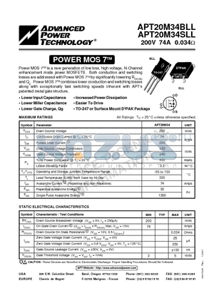 APT20M34SLL datasheet - Power MOS 7TM is a new generation of low loss, high voltage, N-Channel enhancement mode power MOSFETS.