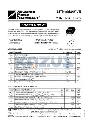 APT20M45SVR datasheet - Power MOS V is a new generation of high voltage N-Channel enhancement mode power MOSFETs.