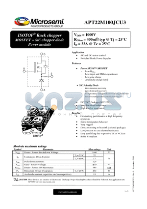 APT22M100JCU3 datasheet - ISOTOP^ Buck chopper MOSFET  SiC chopper diode Power module
