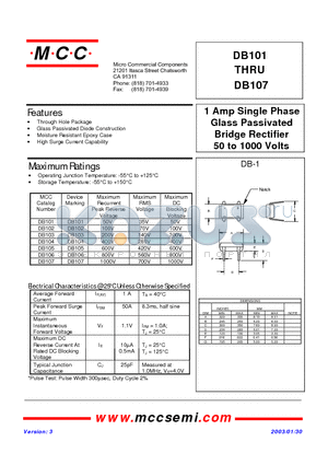 DB103 datasheet - 1 Amp Single Phase Glass Passivated Bridge Rectifier 50 to 1000 Volts