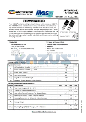 APT26F120L datasheet - N-Channel FREDFET 1200V, 26A, 0.65Y Max, trr 335ns