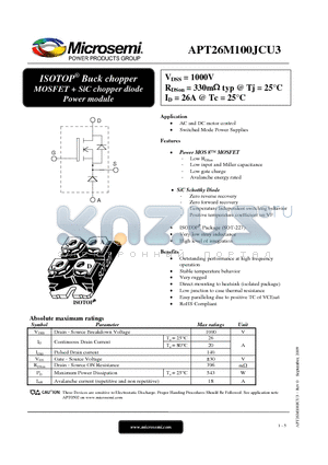 APT26M100JCU3 datasheet - ISOTOP^ Buck chopper MOSFET  SiC chopper diode Power module