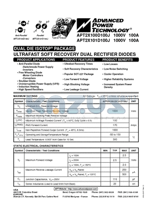 APT2X100D100J datasheet - ULTRAFAST SOFT RECOVERY DUAL RECTIFIER DIODES