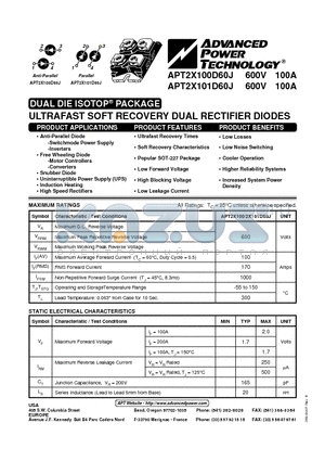 APT2X100D60J datasheet - ULTRAFAST SOFT RECOVERY DUAL RECTIFIER DIODES