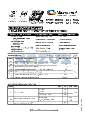 APT2X100D40J datasheet - ULTRAFAST SOFT RECOVERY RECTIFIER DIODE