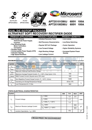 APT2X100D60J datasheet - ULTRAFAST SOFT RECOVERY RECTIFIER DIODE