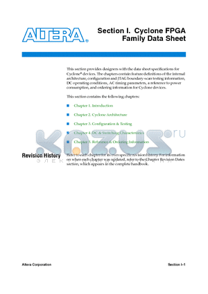 EP1C20F100I7ES datasheet - Cyclone FPGA Family Data Sheet