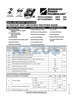 APT2X30DQ60J datasheet - ULTRAFAST SOFT RECOVERY RECTIFIER DIODE