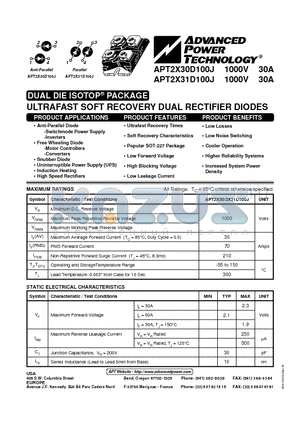 APT2X31D100J datasheet - ULTRAFAST SOFT RECOVERY DUAL RECTIFIER DIODES