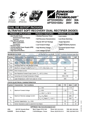 APT2X31D20J datasheet - ULTRAFAST SOFT RECOVERY DUAL RECTIFIER DIODES