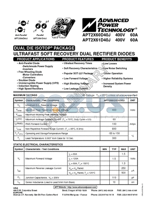 APT2X60D40J datasheet - ULTRAFAST SOFT RECOVERY DUAL RECTIFIER DIODES