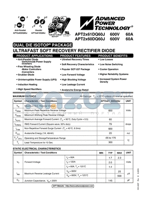 APT2X60DQ60J datasheet - ULTRAFAST SOFT RECOVERY RECTIFIER DIODE