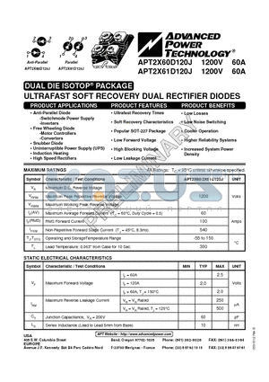 APT2X61D120J datasheet - ULTRAFAST SOFT RECOVERY DUAL RECTIFIER DIODES