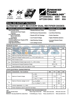 APT2X61D60J datasheet - ULTRAFAST SOFT RECOVERY DUAL RECTIFIER DIODES