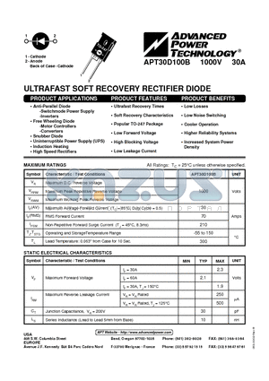 APT30D100B datasheet - ULTRAFAST SOFT RECOVERY RECTIFIER DIODE