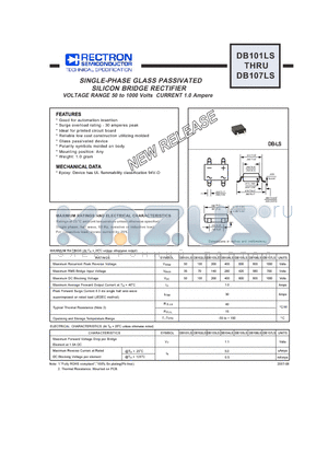 DB106LS datasheet - SINGLE-PHASE GLASS PASSIVATED SILICON BRIDGE RECTIFIER VOLTAGE RANGE 50 to 1000 Volts CURRENT 1.0 Ampere