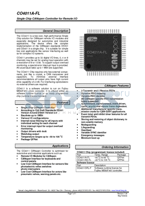 CO4011A-FL datasheet - Single Chip CANopen Controller for Remote I/O