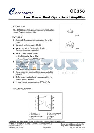 CO358 datasheet - Low Power Dual Operational Amplifier