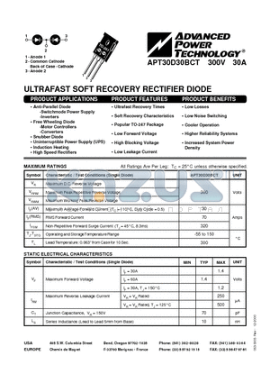 APT30D30BCT datasheet - ULTRAFAST SOFT RECOVERY RECTIFIER DIODE